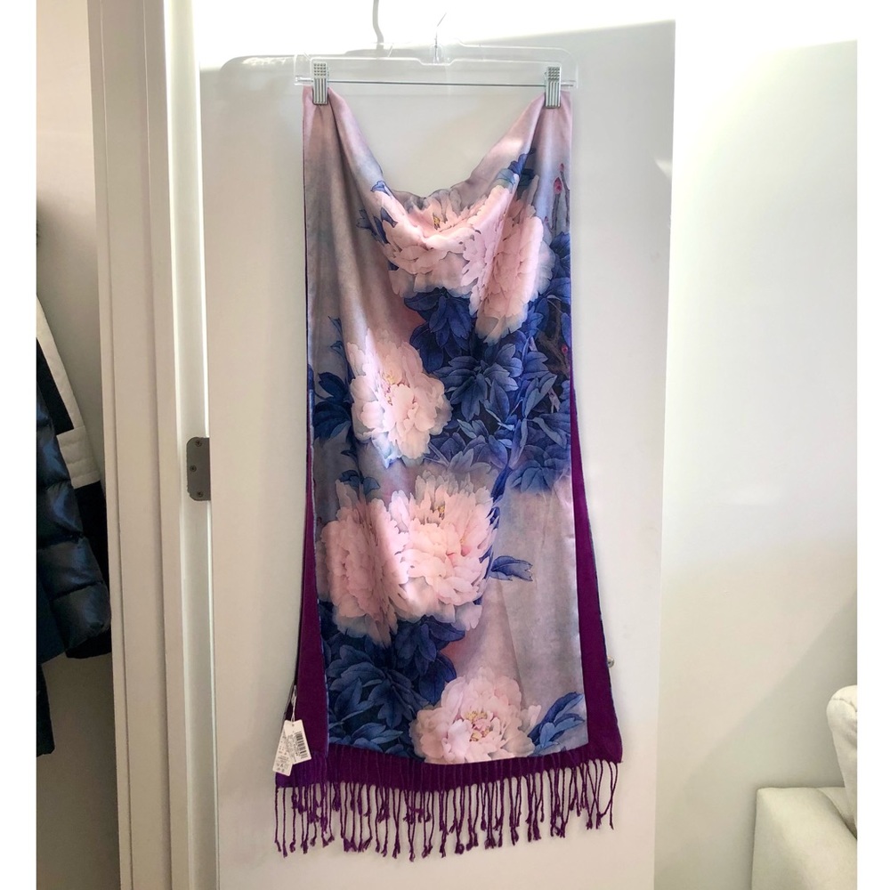 Floral Purple/Pink/Blue Fringe Large Satin Scarf